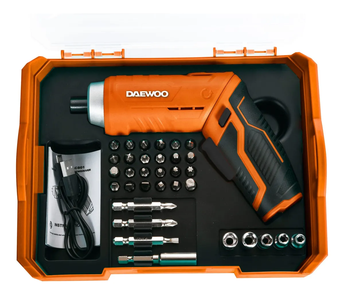 Atornillador inalámbrico Daewoo DAS40 color naranja y gris vista lateral ergonómica.