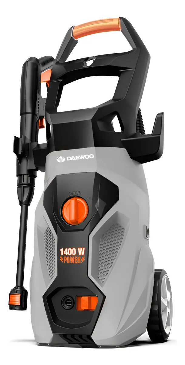 Hidrolavadora Daewoo 1400w color gris oscuro vista frontal con ruedas.
