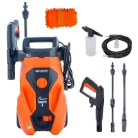 Hidrolavadora eléctrica Daewoo color naranja vista frontal con accesorios