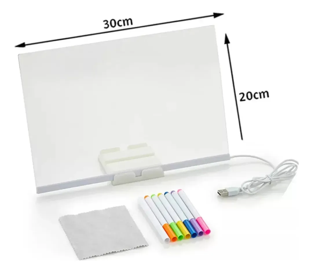Pizarra LED acrilica 20x30cm encendida con mensaje promocional en mostrador