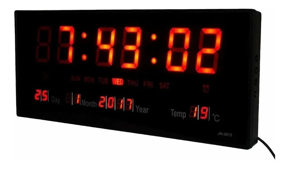 Reloj digital de pared LED 36cm negro encendido con números rojos