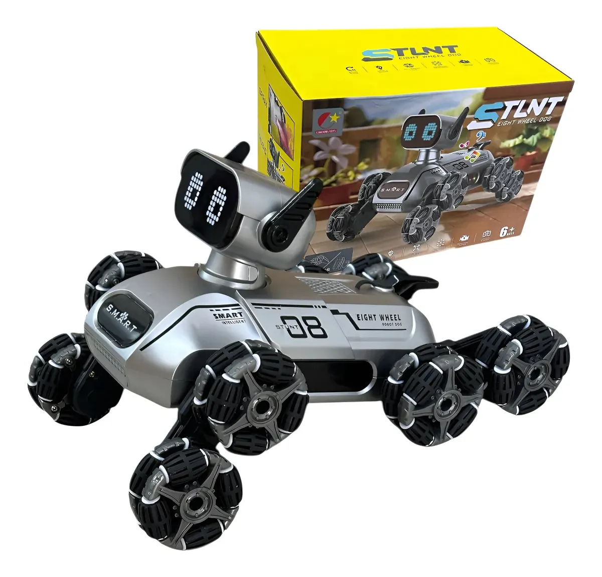 Perro robot acróbata Stunt 8WD realizando un giro lateral