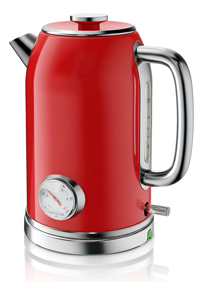 Pava eléctrica retro Electroland de acero inoxidable sobre mesada de cocina moderna