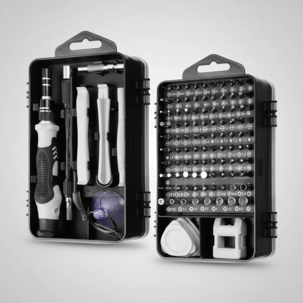 Kit destornillador precision FR JL011 con estuche abierto mostrando todas las puntas organizadas