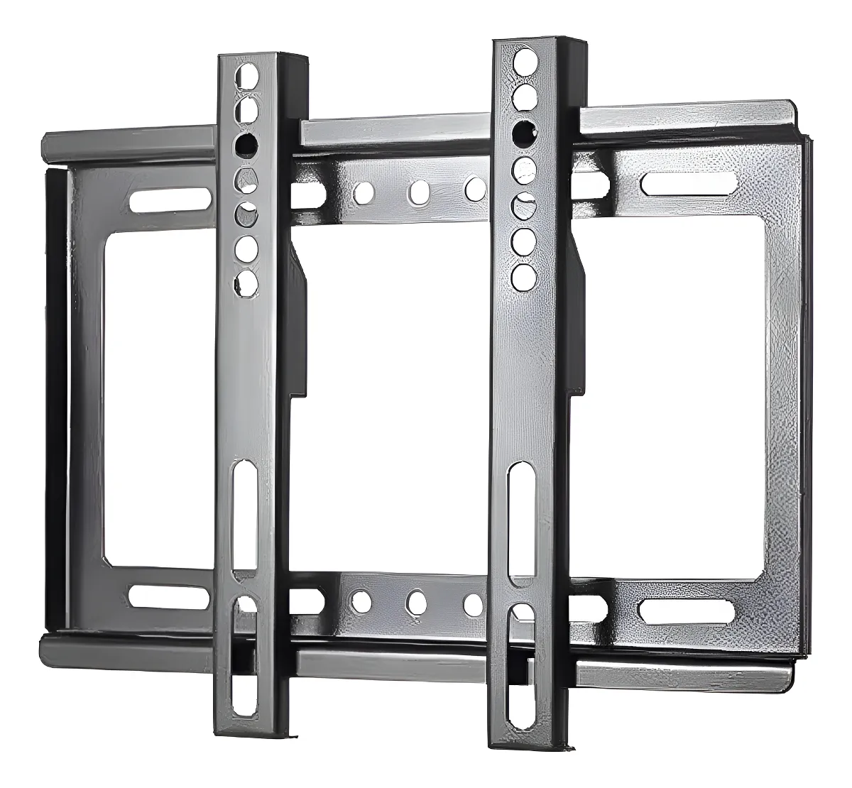Soporte TV fijo negro instalado sosteniendo televisor LED en living moderno