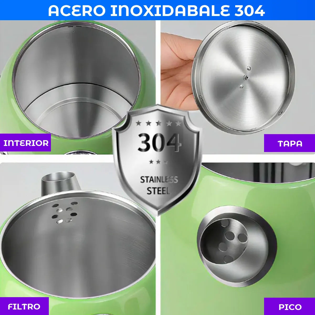 Pava Eléctrica Retro 1.8L Acero Inoxidable con Termómetro 1500W - Imagen 3