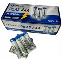 Pack de 60 pilas AAA Oryx dispuestas en su caja para uso doméstico.