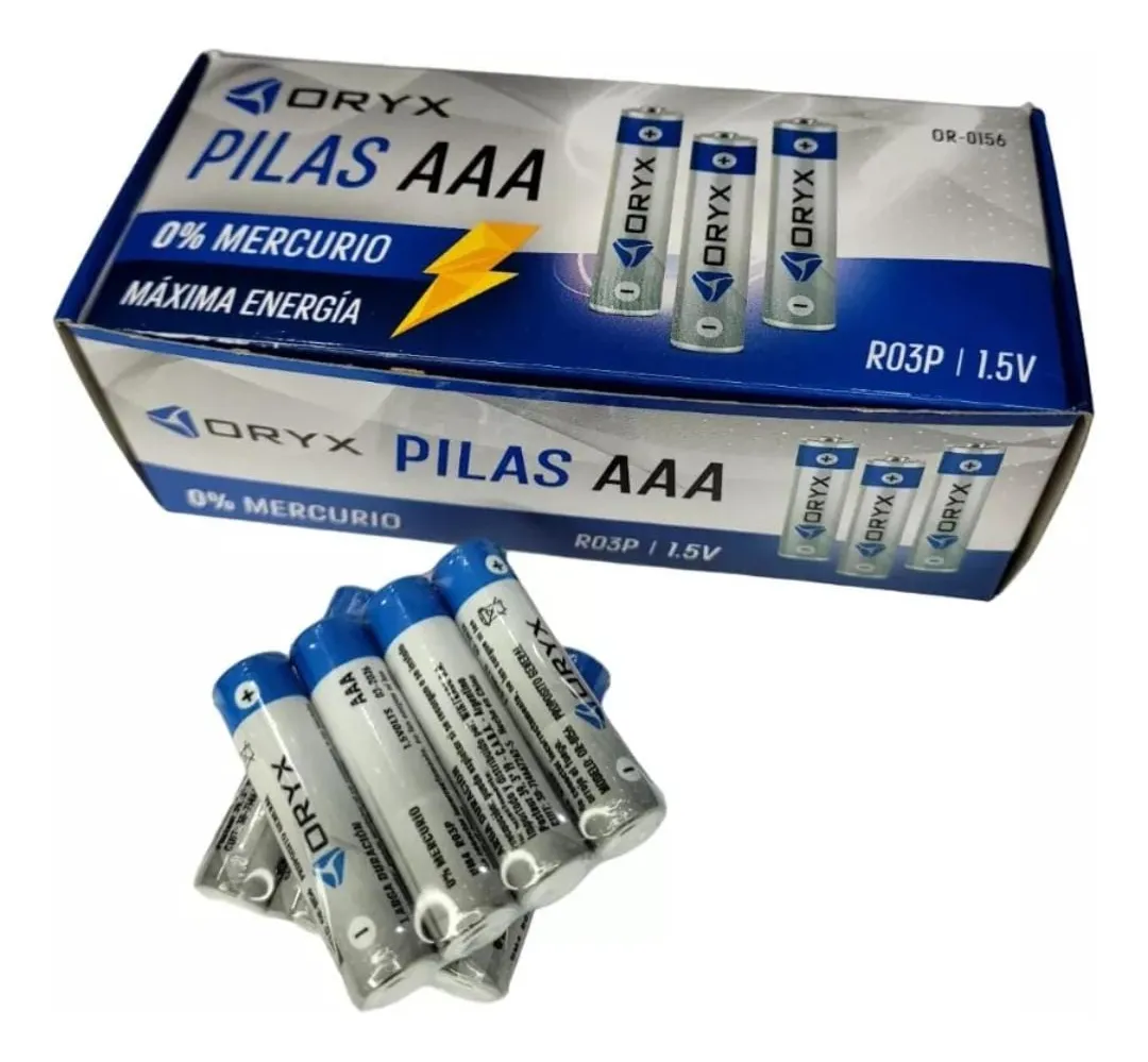 Pack de 60 pilas AAA Oryx dispuestas en su caja para uso doméstico.