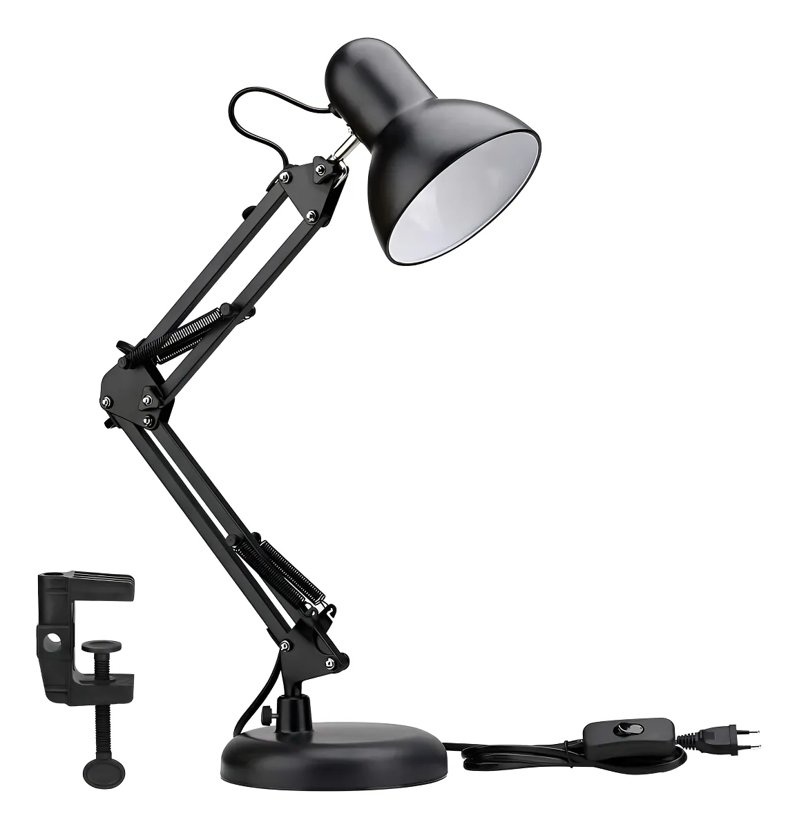 Lampara de escritorio negra sobre mesa de estudio iluminando cuaderno