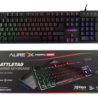 Teclado gamer Aureox vista frontal con luces RGB encendidas