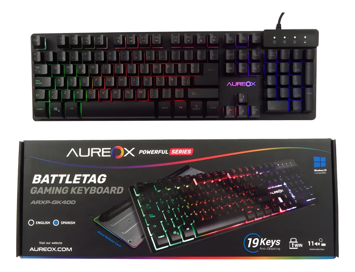 Teclado gamer Aureox vista frontal con luces RGB encendidas