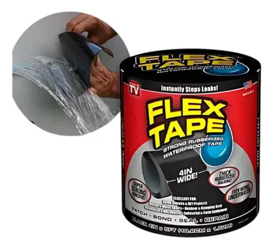 Rollo de cinta Flex Tape negra de 18cm mostrando su potente adhesivo de goma.