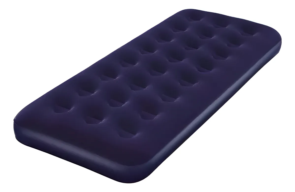 colchon inflable azul 1 1/2 plaza inflado listo para dormir sobre piso interior