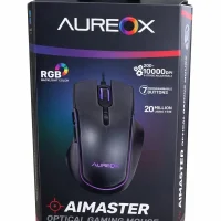 Mouse Gamer Aureox AiMaster negro con iluminación RGB activa en los laterales.