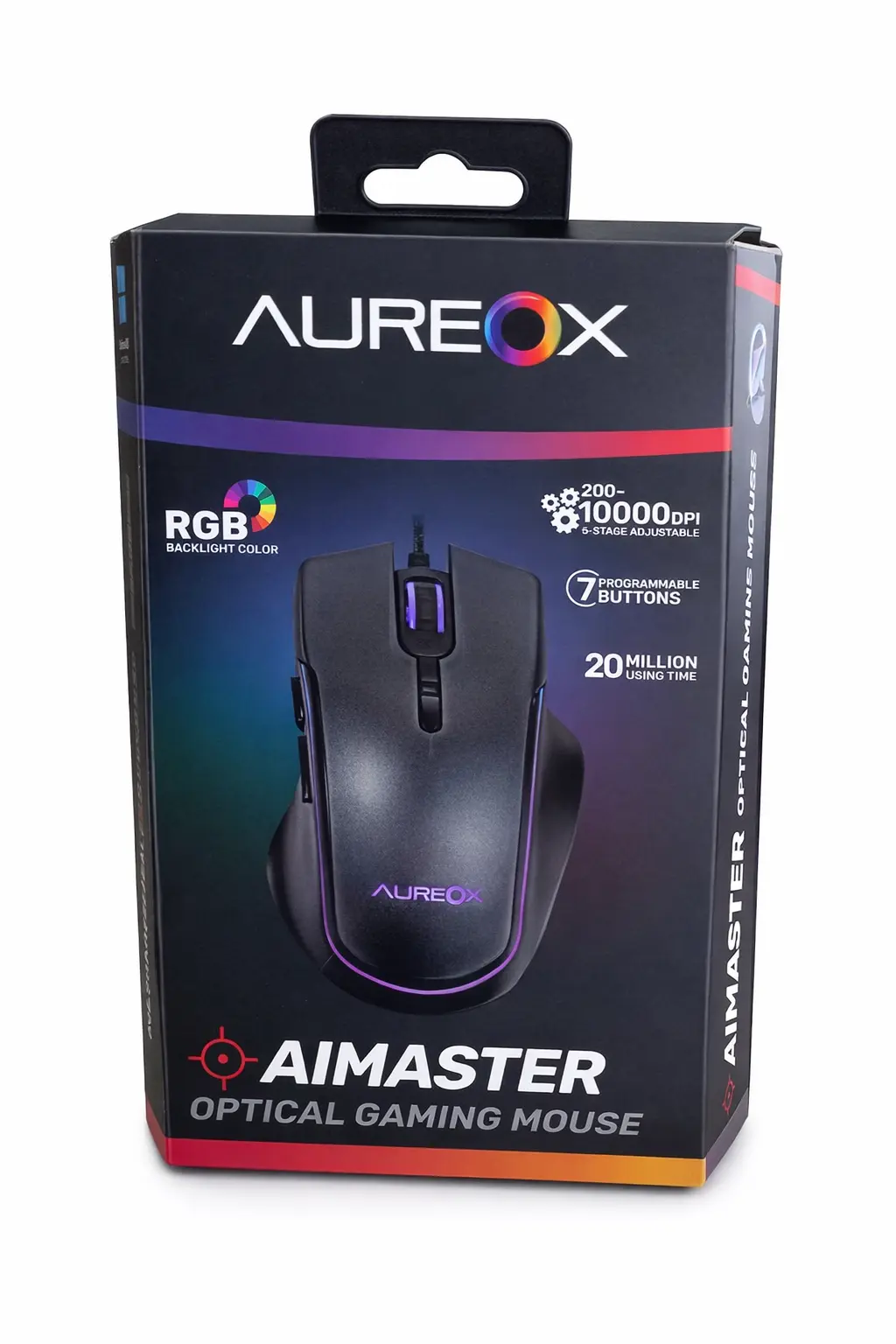 Mouse Gamer Aureox AiMaster negro con iluminación RGB activa en los laterales.