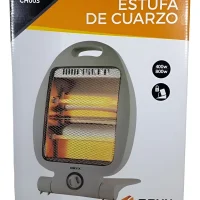 Estufa de cuarzo Oryx gris con las dos velas encendidas emitiendo luz naranja.