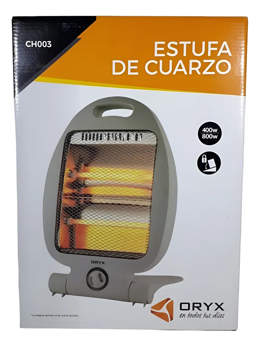 Estufa de cuarzo Oryx gris con las dos velas encendidas emitiendo luz naranja.