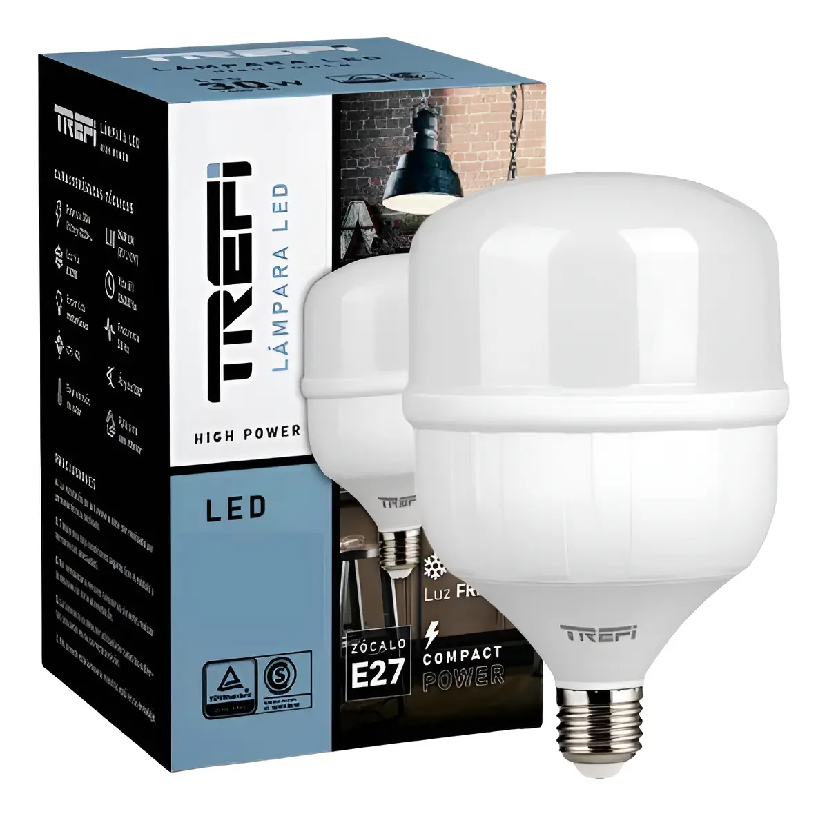 Foco galponero Trefi 40W iluminando taller con luz fría