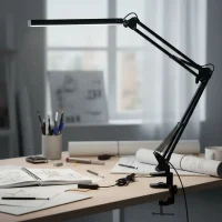 Velador LED USB negro iluminando escritorio de oficina moderna