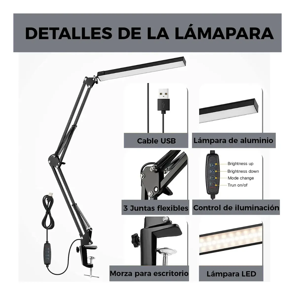 Velador LED USB Flexible Luz Calida Fria Escritorio Negro - Imagen 2