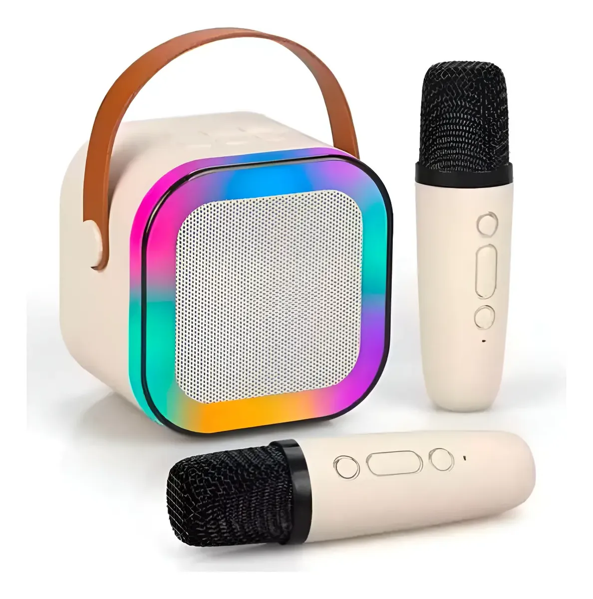 Parlante karaoke K12 beige con luces LED RGB circulares encendidas.
