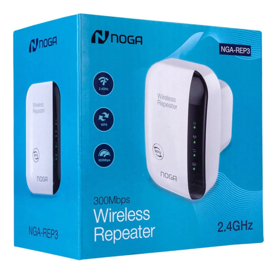 Repetidor wifi Noga NGA-REP3 blanco enchufado directamente a un toma de pared.